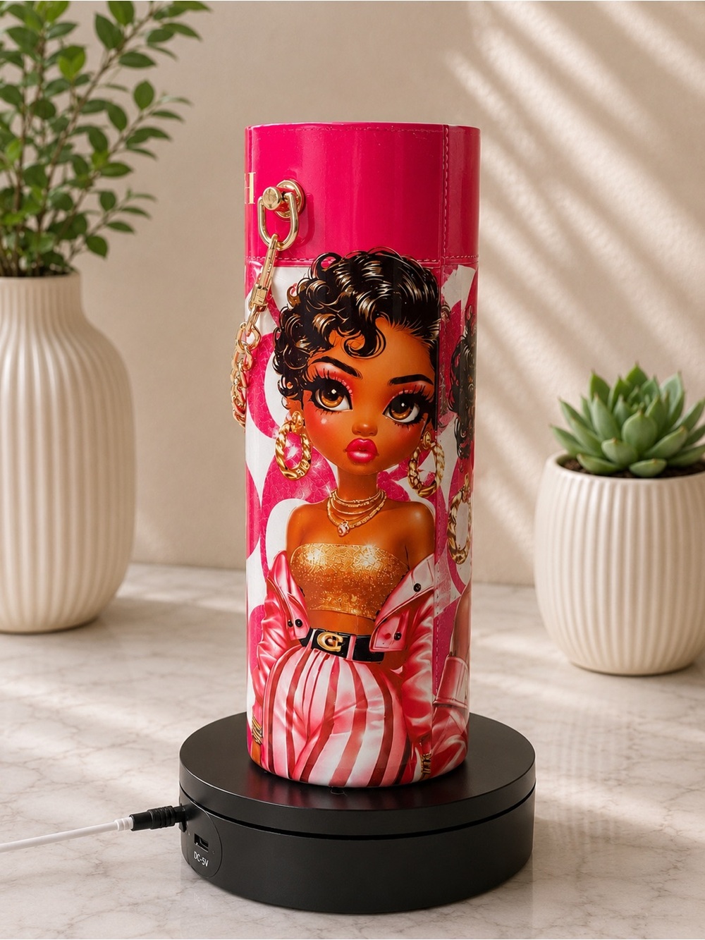 Pink Graphic Travel Tumbler with Gold Chain Detail - Picture 3 of 3